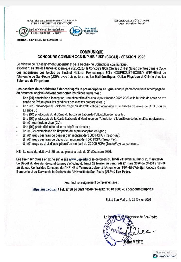CONCOURS COMMUN USP/INPHB D'ENTRÉE DANS LES D'INGÉNIEURS  DE L'USP ET DE L'INPHB